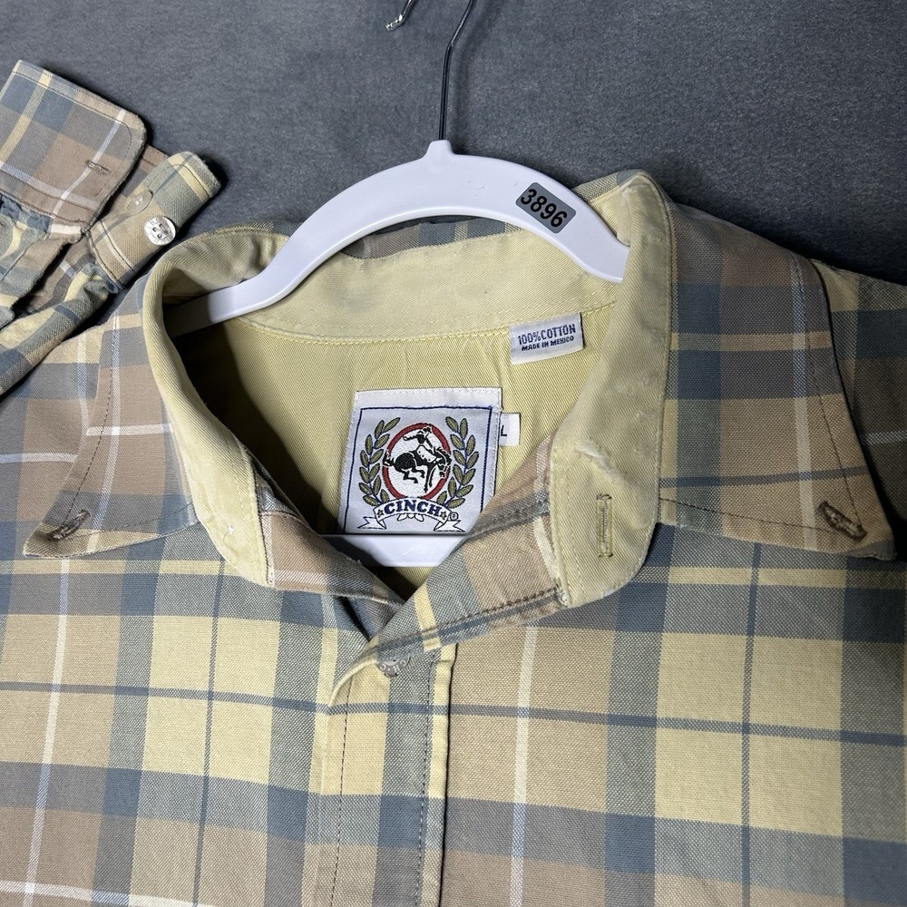 Cinch Button Down Shirt Men's Size Large Yellow Plaid Twill Cotton - Picture 2 of 6